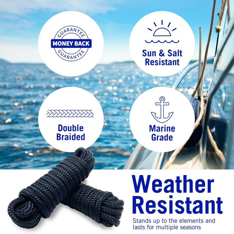 Better Boat Dock Lines Boat Ropes for Docking, 3/8" Double Braided Mooring Marine Rope, 15ft Nylon Rope with Loop, Black, 2 Pack - Image 3